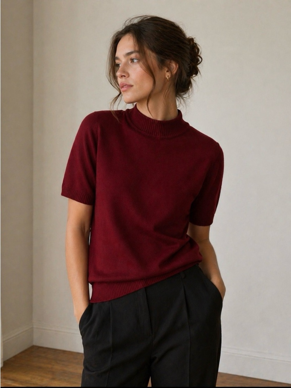 Anna Knit Top for Ladies • Mock Neck Short Sleeve • Burgundy • Minimal Chic